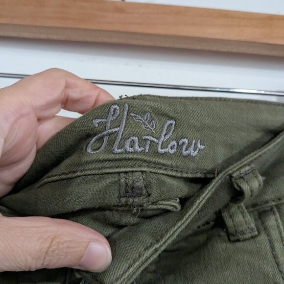 Harlow Button Fly Hi-Rise Distressed Denim Jean Shorts Olive Green Size 31 - Picture 2 of 5